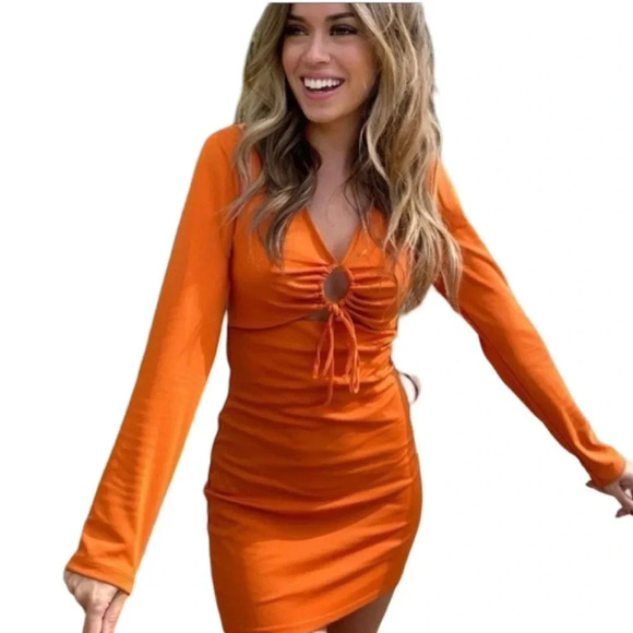 Zara Long  Sleeve Orange Mini Bodycon Dress with Low Cut Out Neckline Size Small - Picture 1 of 10